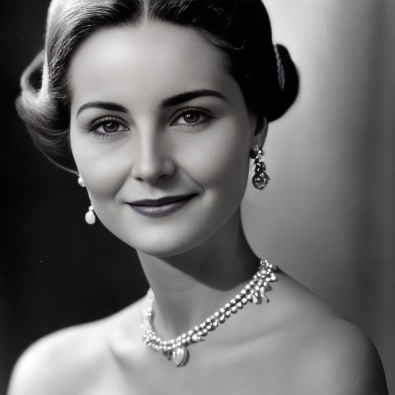 Smiling woman in black and white with pearl jewelry