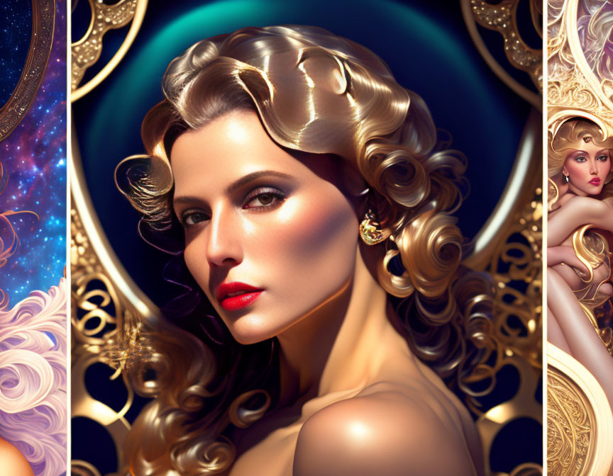 Elaborate Golden Curls on Woman in Cosmic Setting