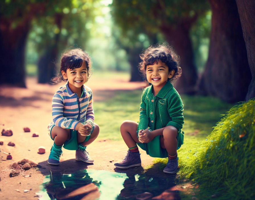 Young children smiling in sunlit woodland, exuding playful innocence