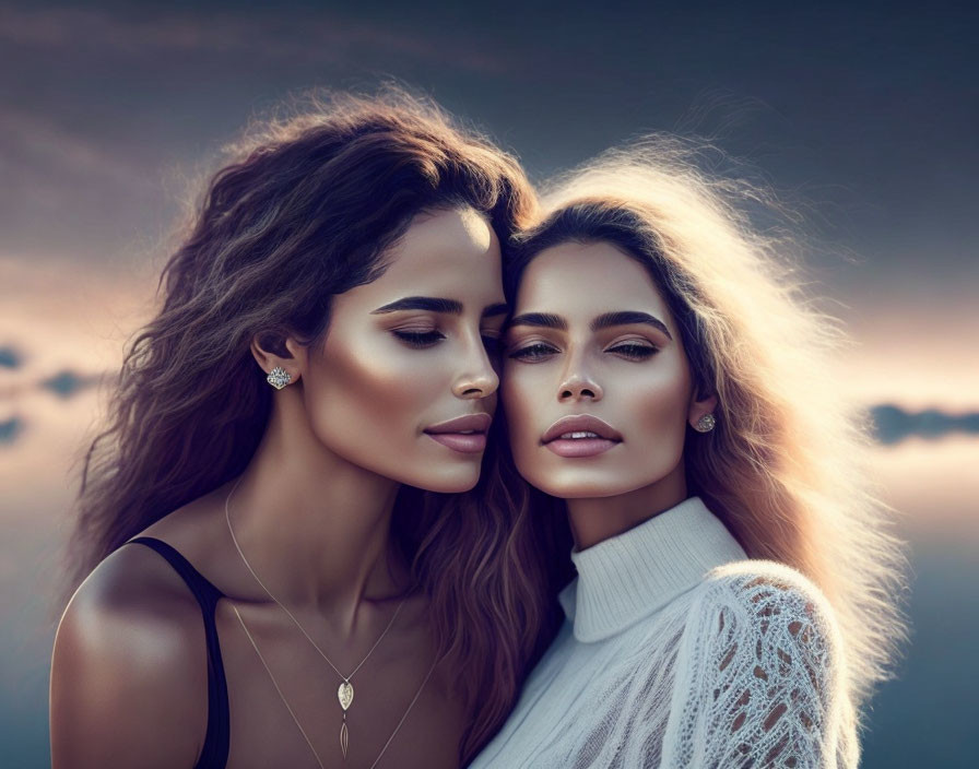 Stylish women with black and white outfits against moody sky