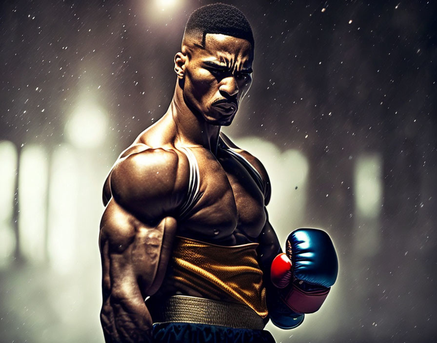 Muscular boxer in gloves with intense focus on dark snowy backdrop