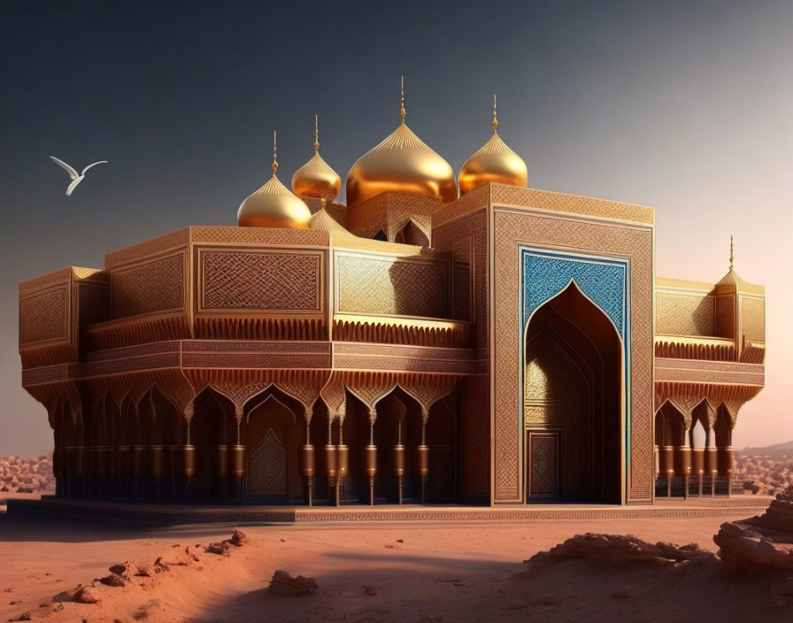 Golden-domed mosque in desert with lone bird under dusky sky