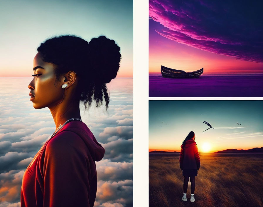 Tranquil collage: woman profile at sunset, boat on twilight sea, person watching sunrise bird.