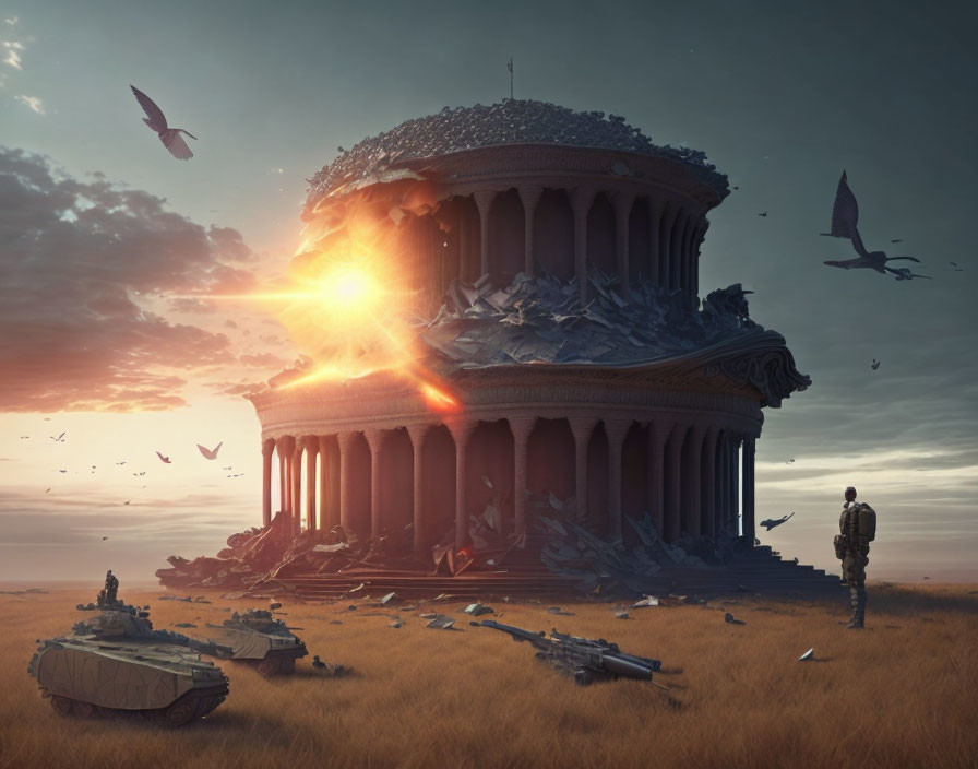 Person observing crumbling classical building at sunset with military tanks and flying birds in desolate landscape