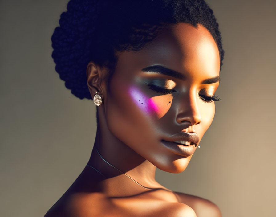 Portrait of woman with striking makeup, shimmering skin, elegant jewelry & dramatic lighting