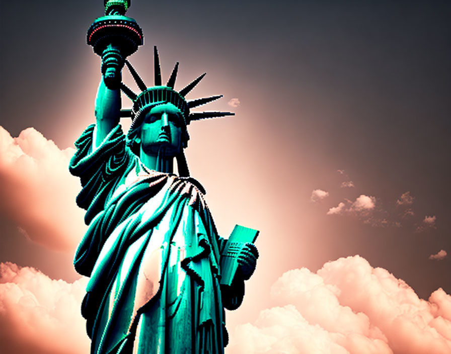 Iconic Statue of Liberty under pinkish sky with turquoise and orange filter