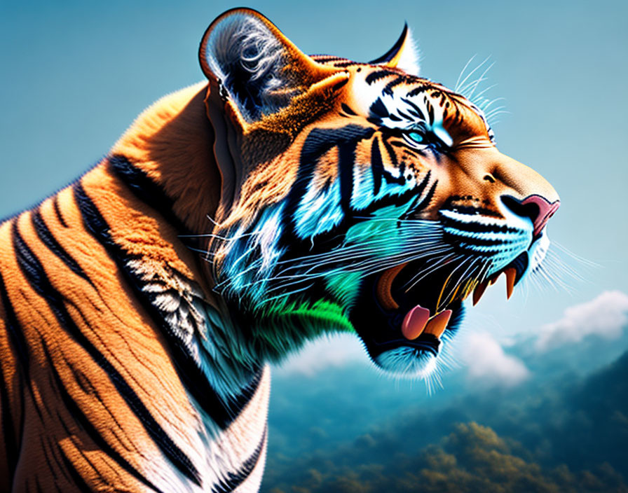 Colorful Tiger Roaring Against Blue Mountain Backdrop