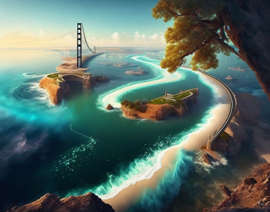 Glowing blue rivers, suspension bridge, green islands, boats on serene waters