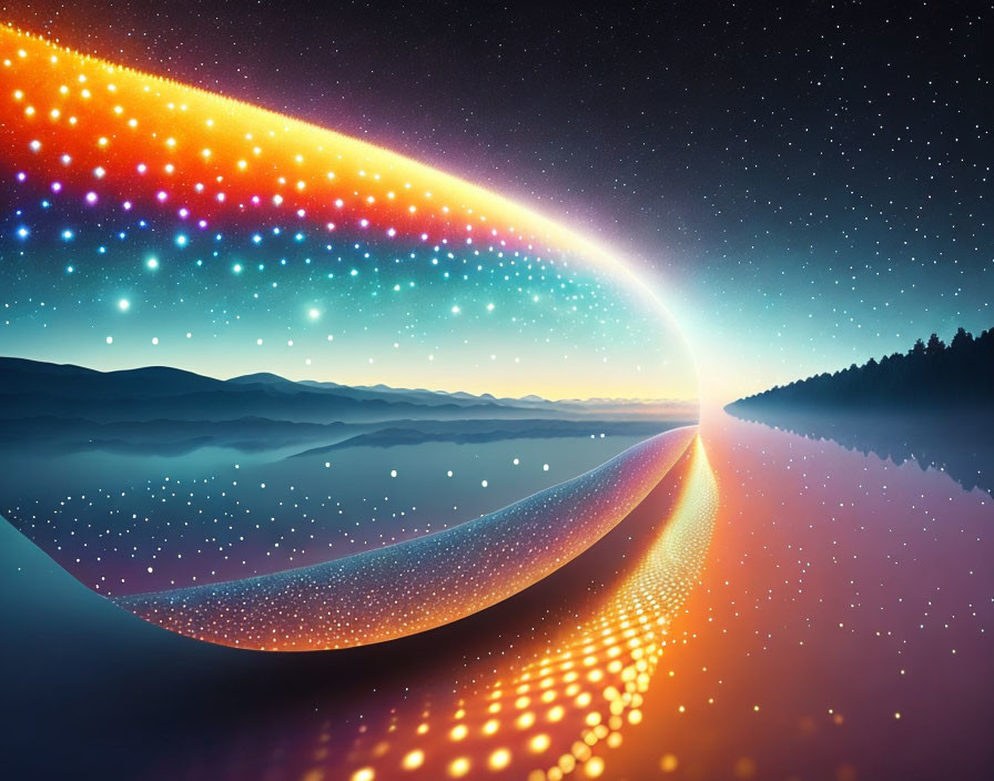 Multicolored Wave Over Serene Landscape & Starry Sky