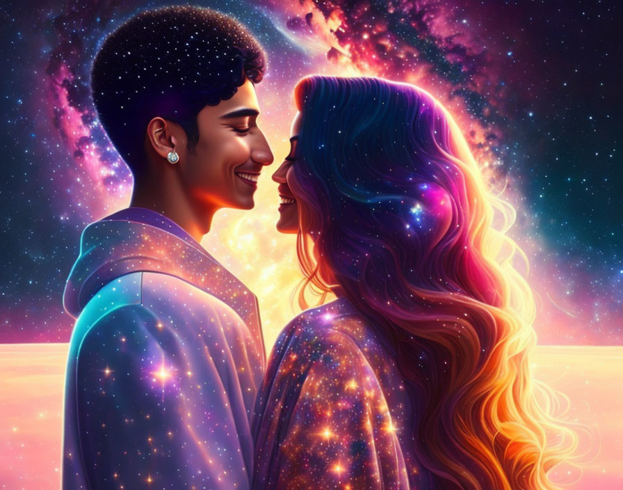 Cosmic-themed digital illustration of a romantic couple smiling against colorful nebula.