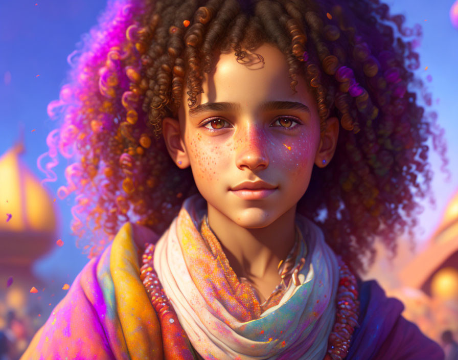 Young person with curly hair and freckles in colorful scarf against festive background