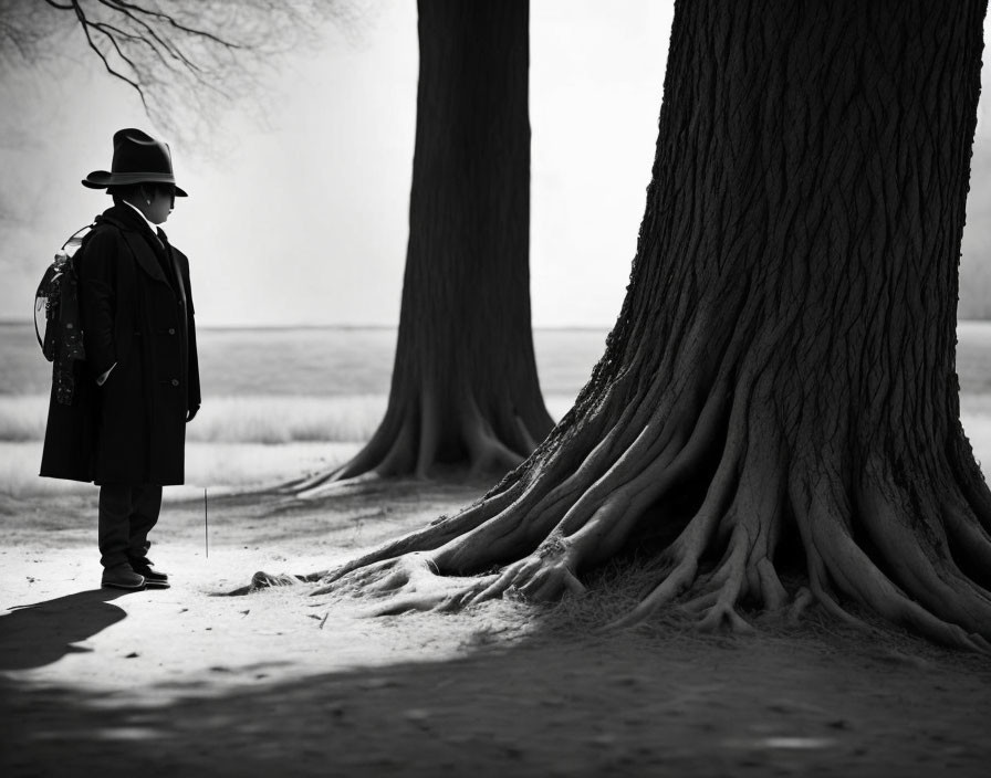 Monochrome image of person in coat and hat by tree with exposed roots