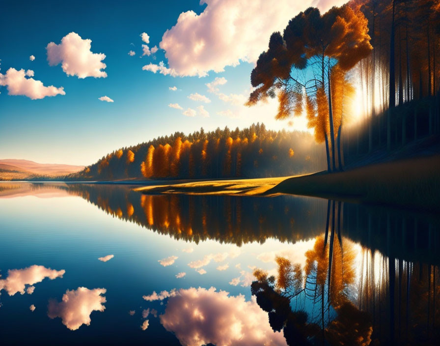 Tranquil lake mirroring autumn forest under blue sky