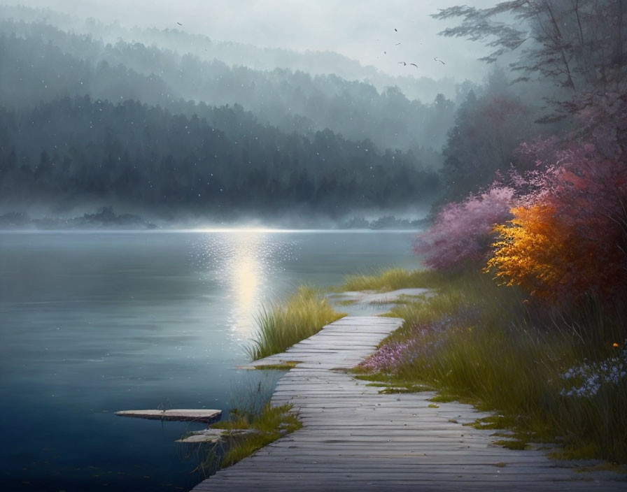 Tranquil lake scene with wooden walkway, mist, autumn trees, and birds