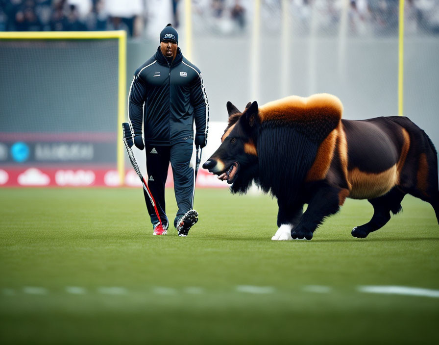 Man with cricket bat walks with digital dog-lion on sports field