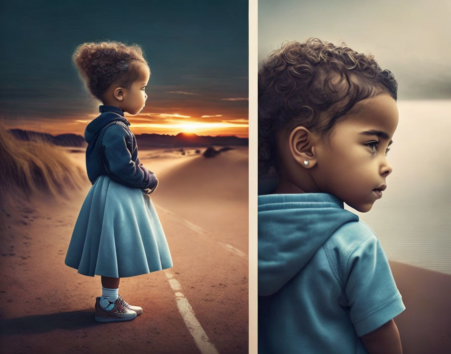 Child in blue dress on sandy road at sunset in serene desert landscape