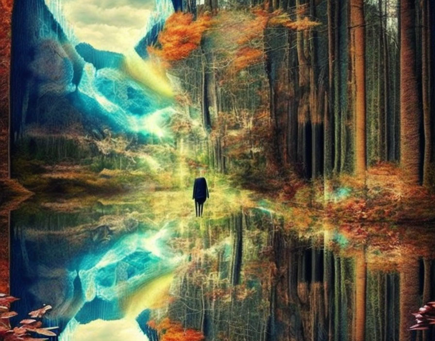 Surreal forest landscape with mirrored water and mystical light