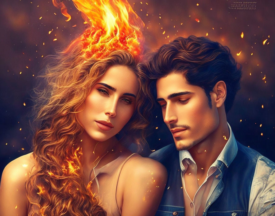 Fantastical digital artwork of man and woman with fiery hair and sparkling embers.