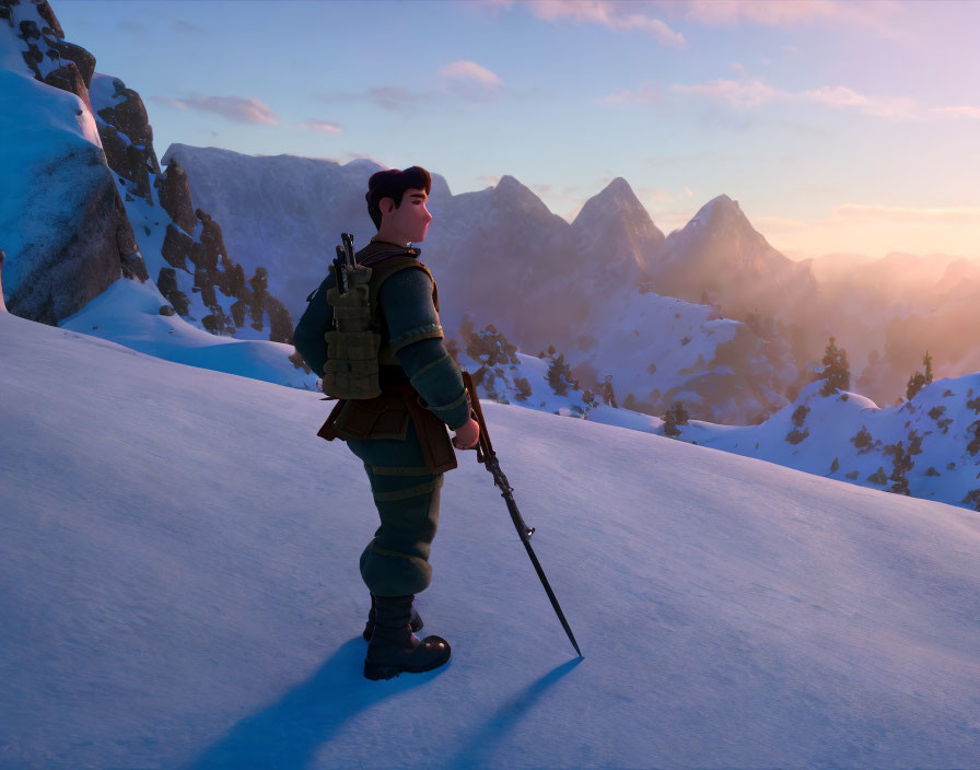 3D animated character with rifle on snowy slope at sunset