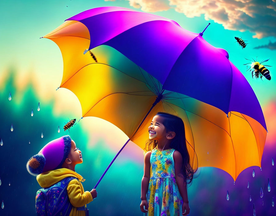 Vibrant surreal sky with joyful children under colorful umbrella