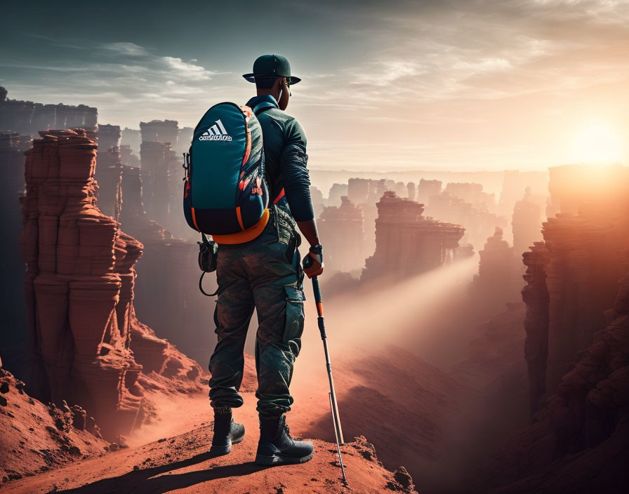 Hiker in camo pants overlooking vast canyon with rock formations