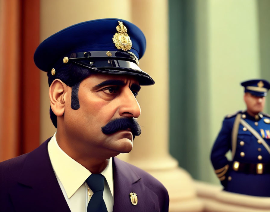 Serious animated police character with mustache and badges