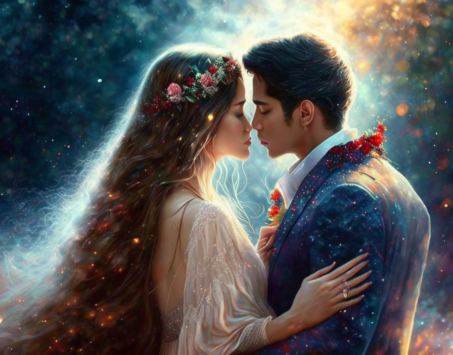 Romantic couple illustration with cosmic backdrop and starry night sky jacket