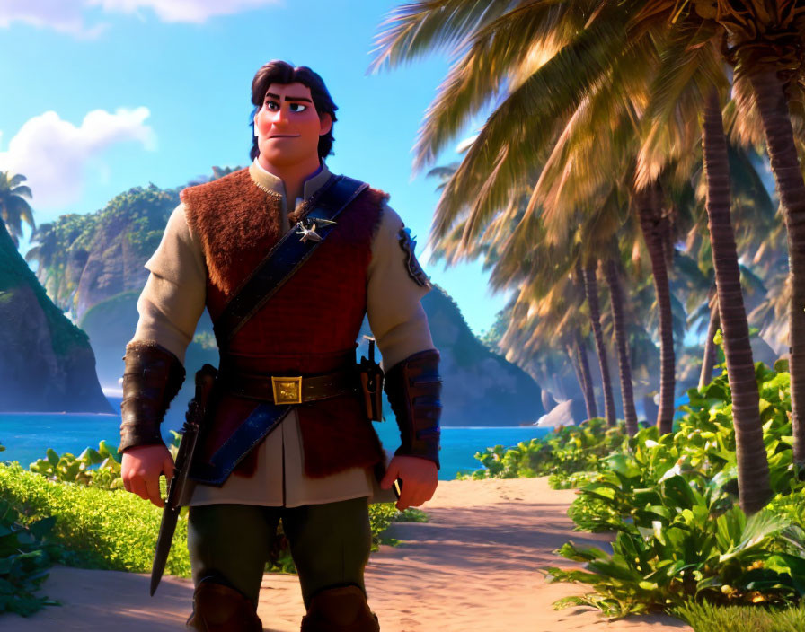 Animated character on tropical beach with palm trees, ocean, fur-trimmed tunic, confident smile