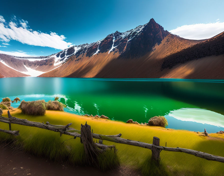 Scenic mountain lake with turquoise water and wooden barrier