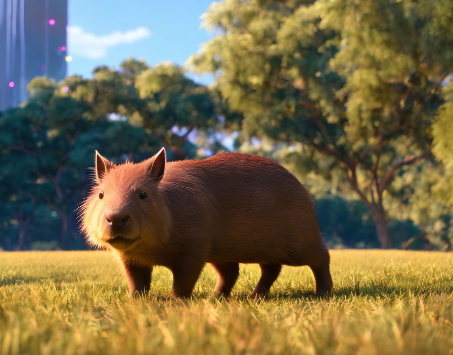 Capybara in sunny field with trees casting shadow