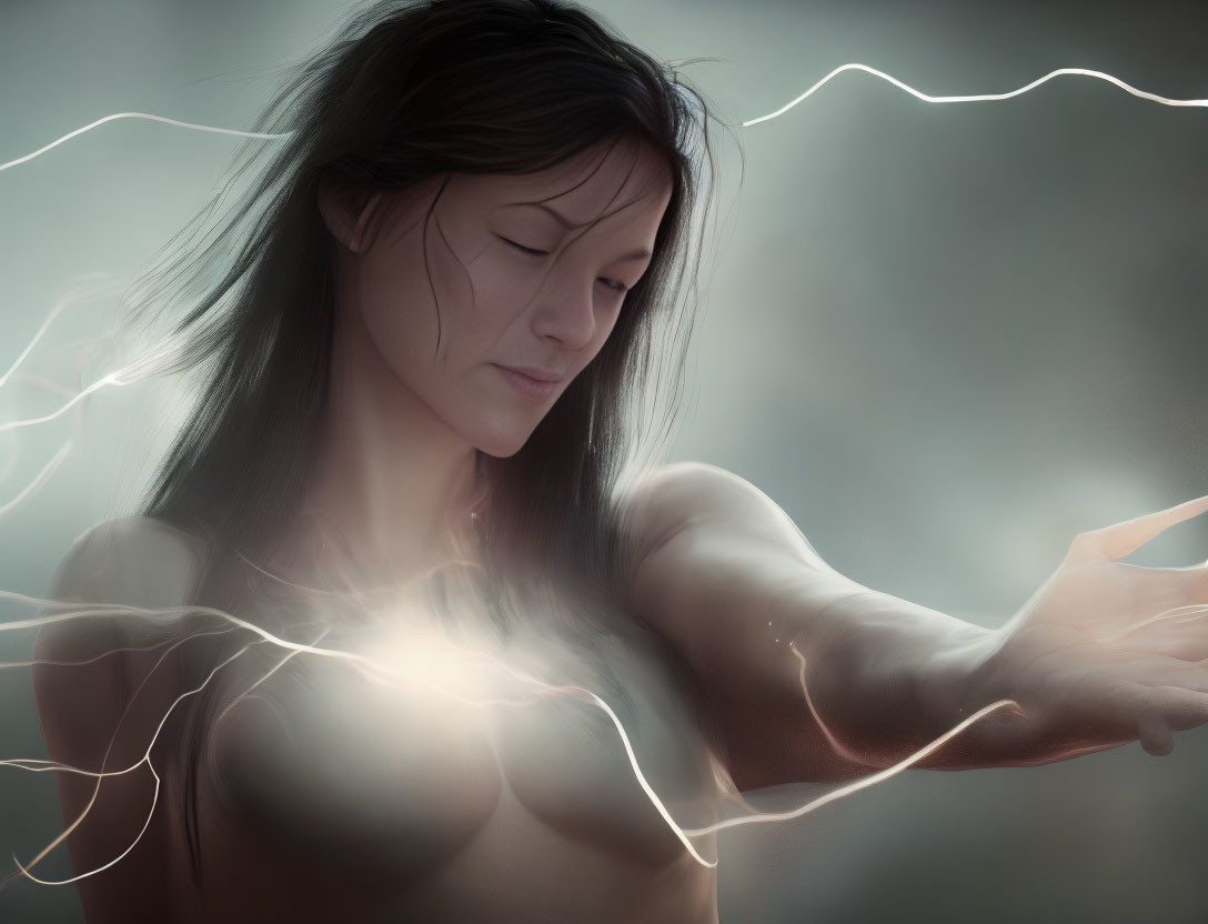 Woman Surrounded by Glowing Light Trails