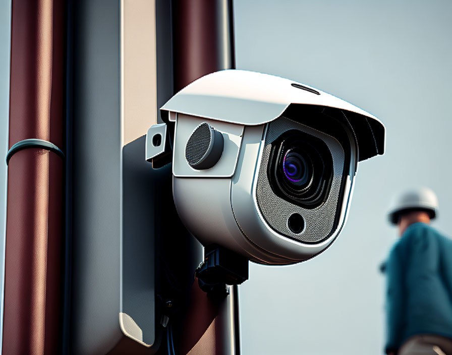 Wall-mounted security camera captures blurred figure in hard hat