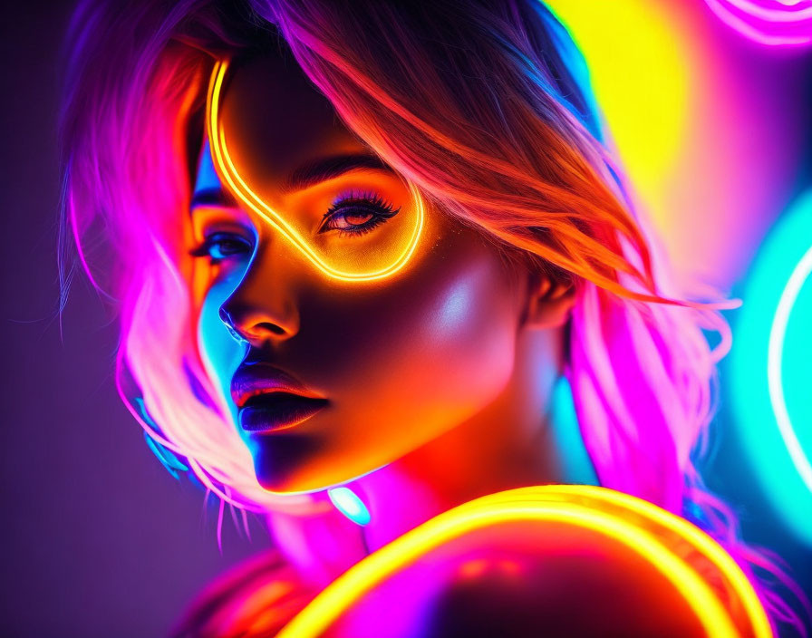 Vibrant neon-lit woman portrait in colorful spectrum