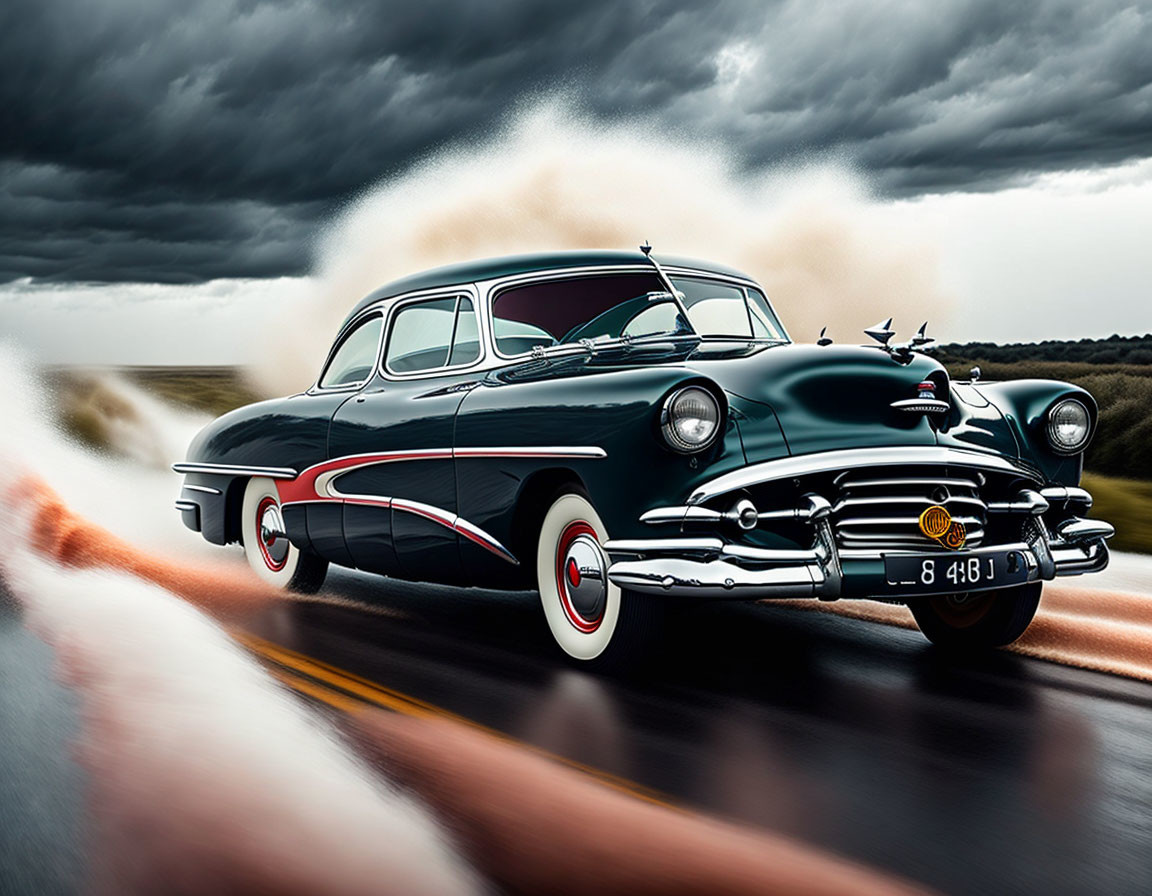 Vintage Black Car Speeding on Road Under Stormy Skies