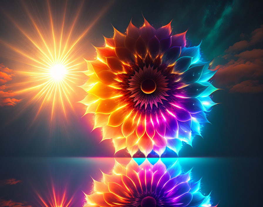 Colorful fractal sunflowers with sun and water reflection in digital art