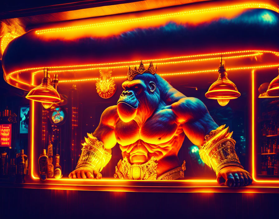 Colorful neon-lit artwork of a gorilla in jewelry and armor at a bar