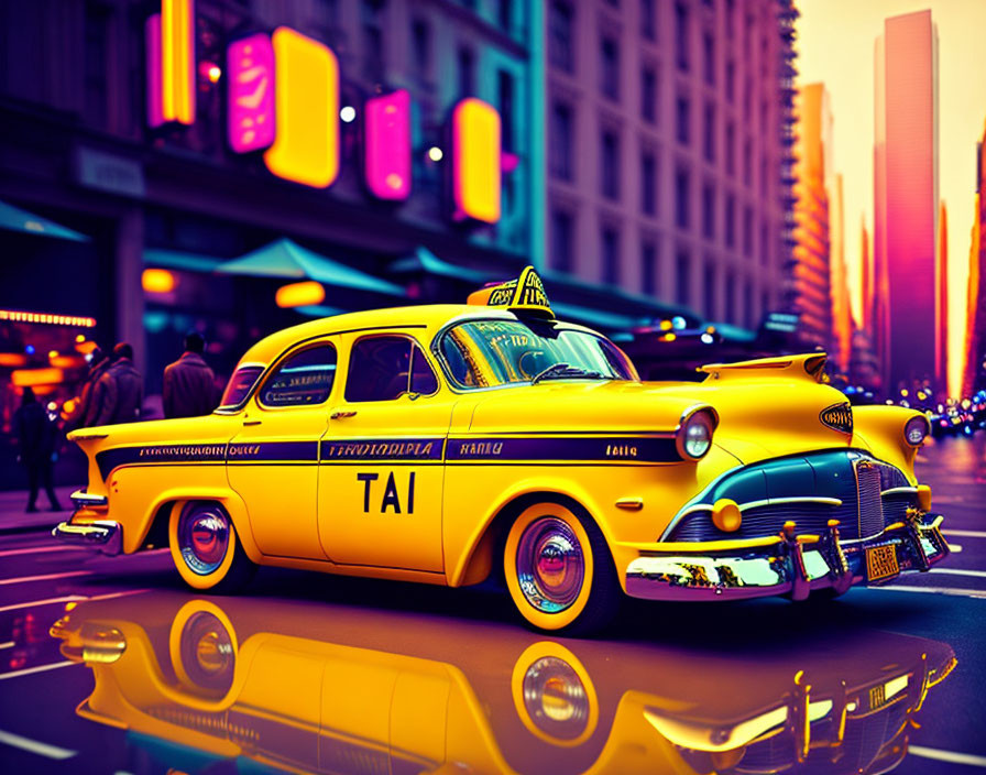 Classic Yellow Taxi on City Street at Dusk with Neon Signs