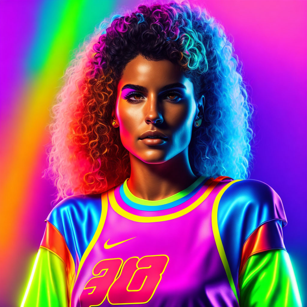 Colorful Portrait of Woman with Curly Hair and Neon Background