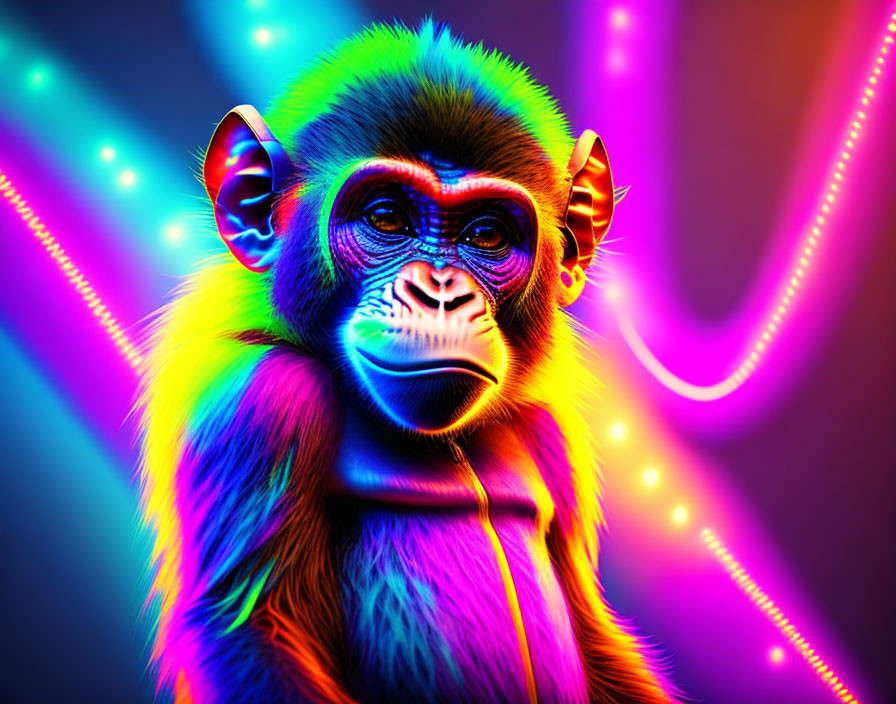 Vibrant Neon-Lit Monkey Portrait with Colorful Hues