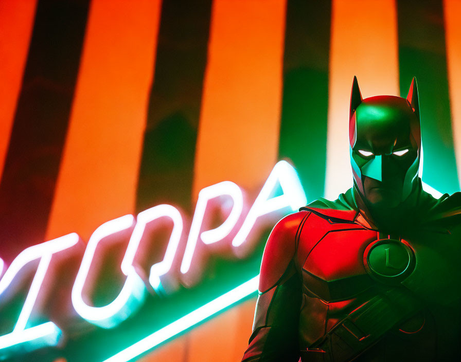 Person in Batman costume against neon-lit background with orange and red stripes