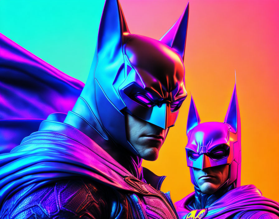 Colorful Batman Figures on Neon Pink and Blue Background