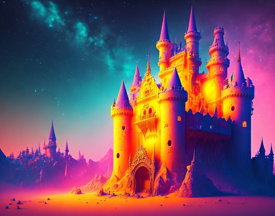 Colorful fairy-tale castle digital art with pointy turrets under a starry sky