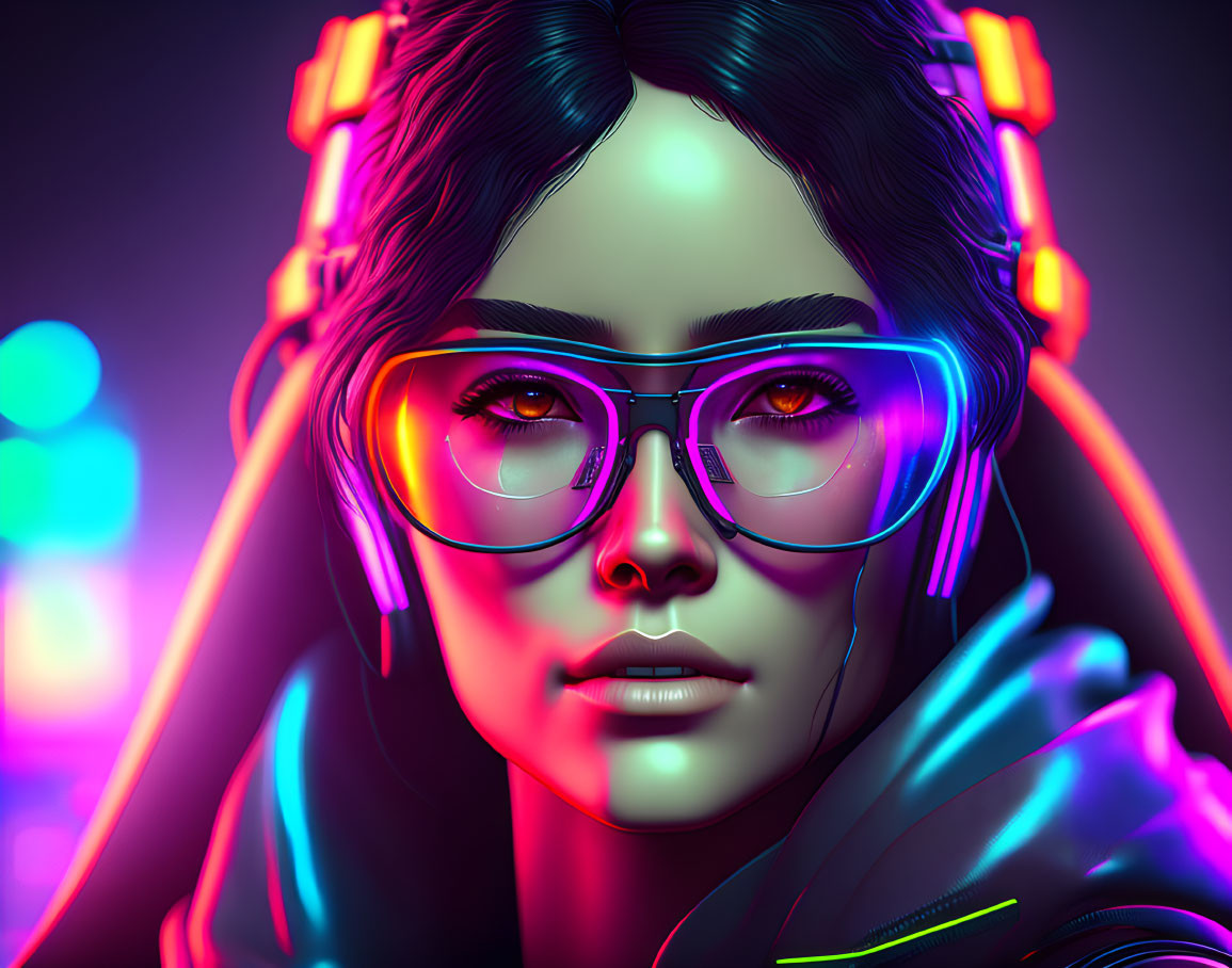 Vibrant woman with neon-lit headphones and reflective glasses