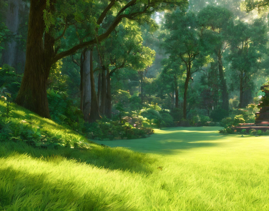 Lush Green Forest with Sunlight Filtering Through