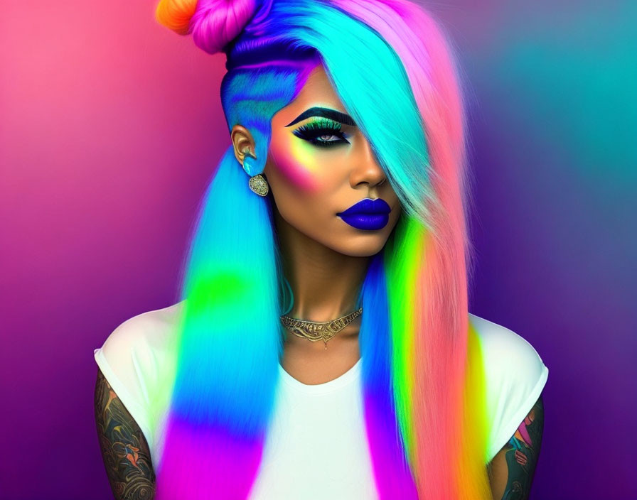 Colorful Woman with Rainbow Hair and Bold Makeup on Multicolored Background