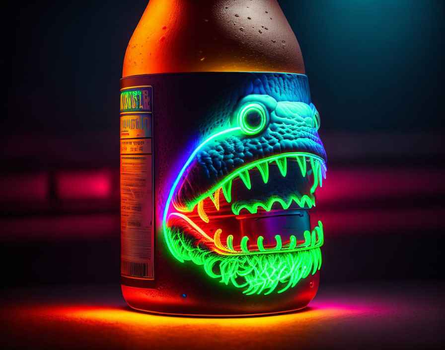 Colorful neon-painted bottle with fearsome creature design illuminated by backlighting