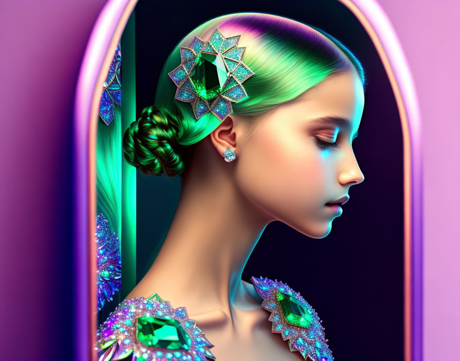 Iridescent Green Hair Girl with Shimmering Jewelry in Neon-lit Oval Frame