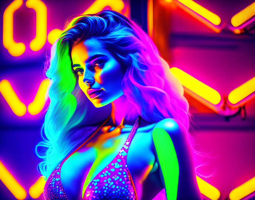 Glowing neon makeup woman in vibrant lights