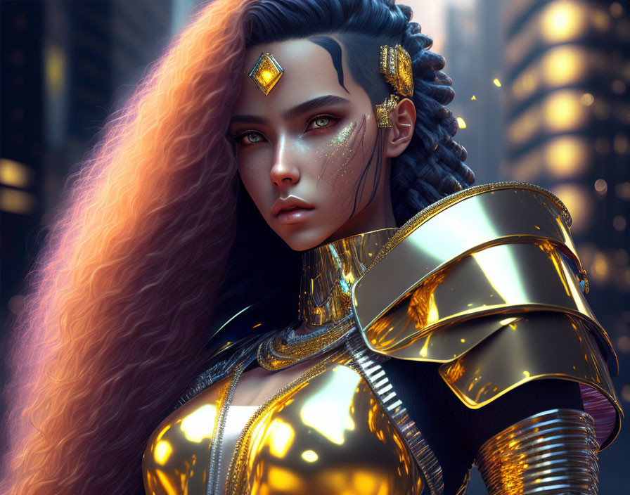 Digital Artwork: Woman in Golden Armor with Detailed Hair