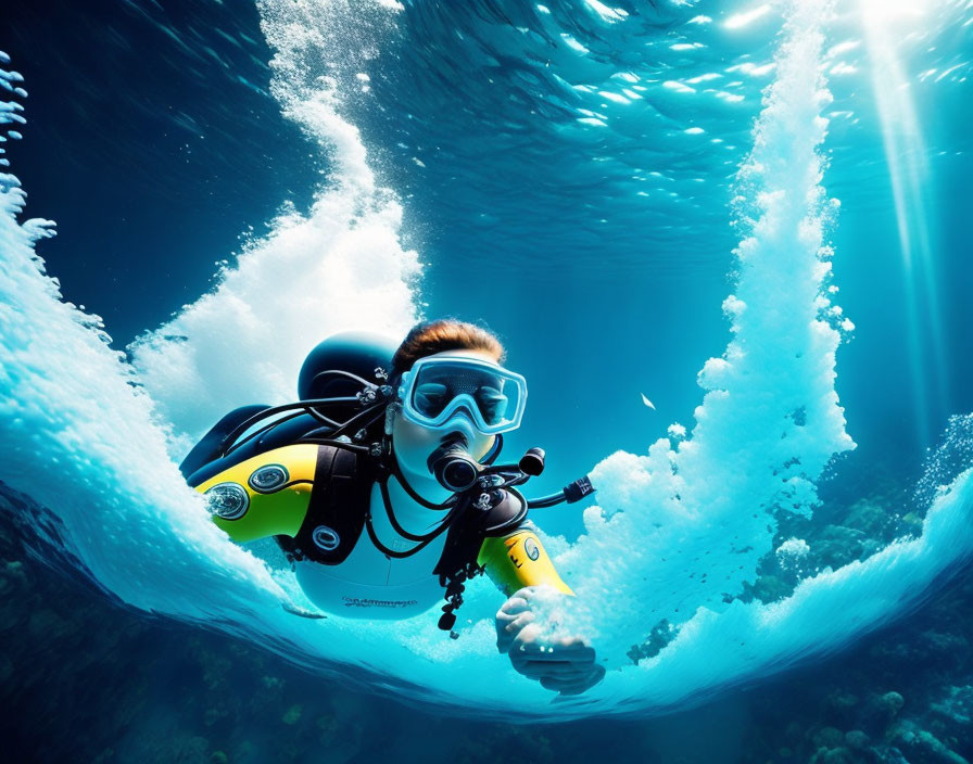 Underwater Diver in Full Gear with Clear Blue Water and Light Rays